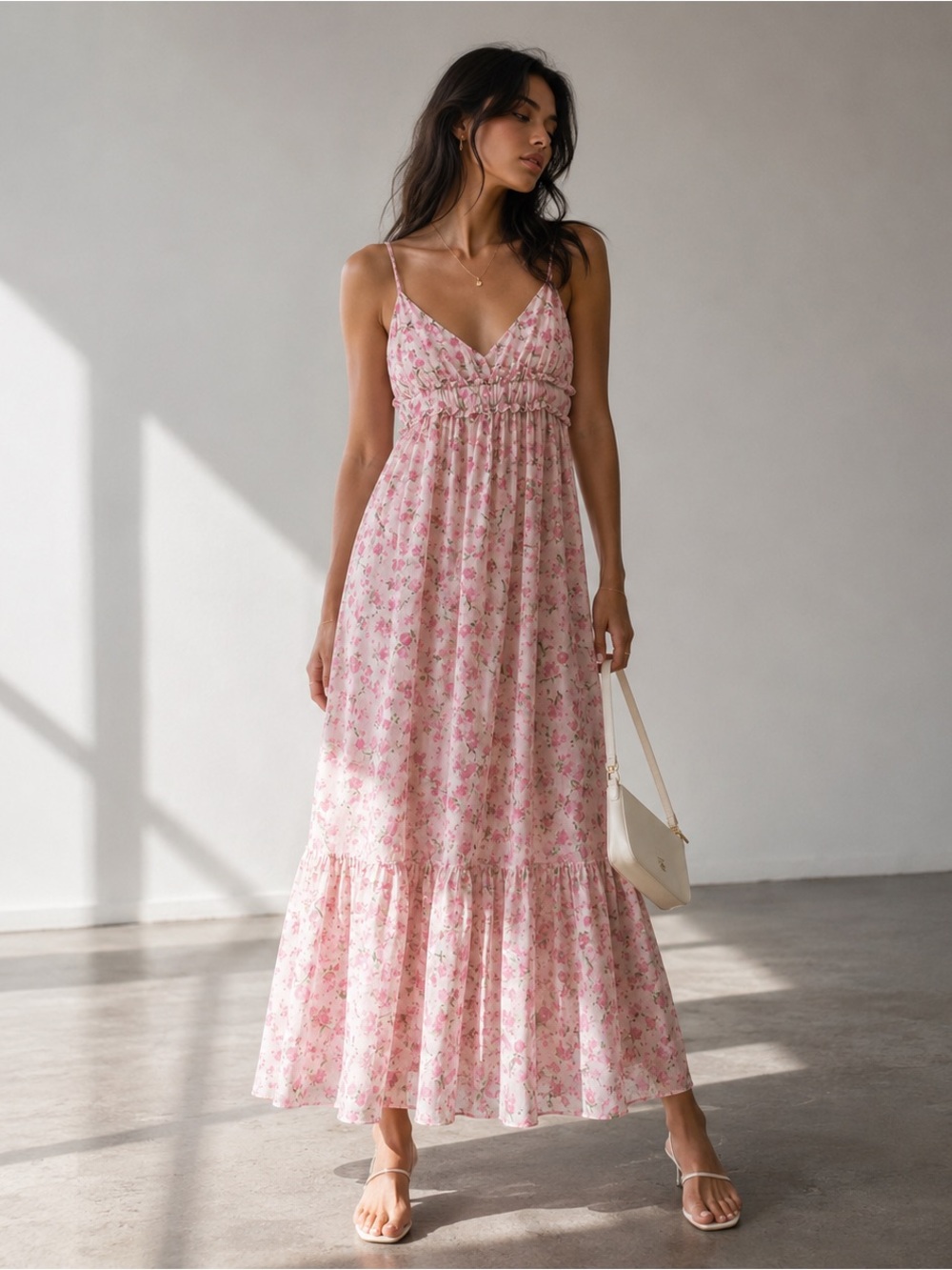 New Lush Pink Floral Tiered Maxi Dress‎ V-Neck Empire Waist NWT Small